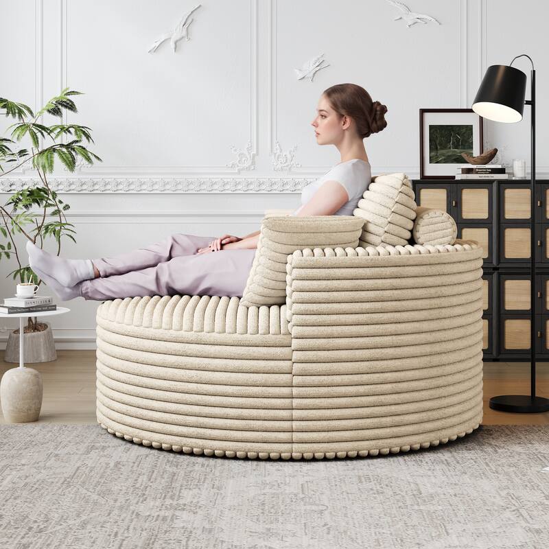 Corduroy Upholstered Single Sofa, Oversized Fluffy Sleeper Chair, Round Reading Chair with Headrest & 2 Pillow