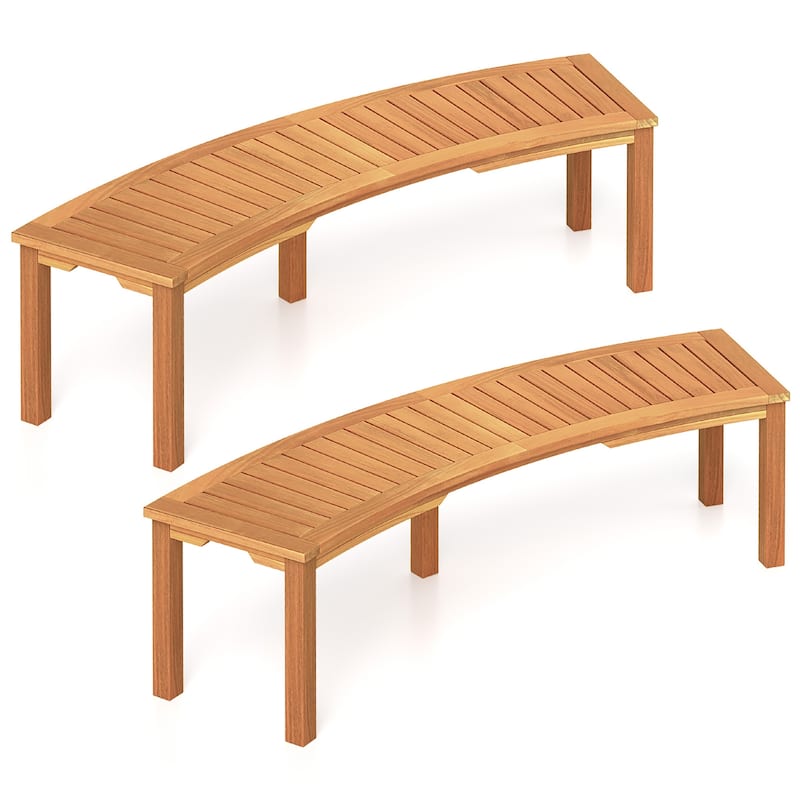 Gymax Set of 2 Outdoor Curved Bench w/ Slatted Seat Solid Acacia Wood - Natural
