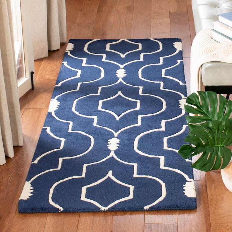 SAFAVIEH Handmade Chatham Cvetka Modern Moroccan Wool Rug - 2'3" x 7' Runner - Dark Blue/Ivory