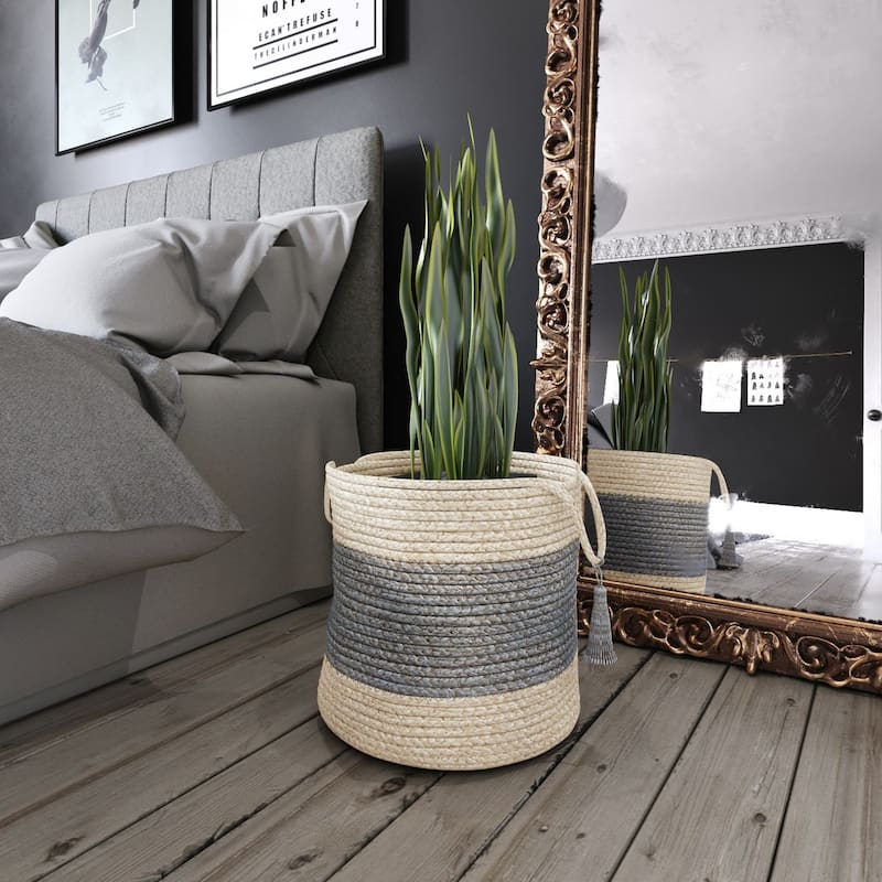 Sevita Bold Striped Off-White Jute Decorative Storage Basket with Handles