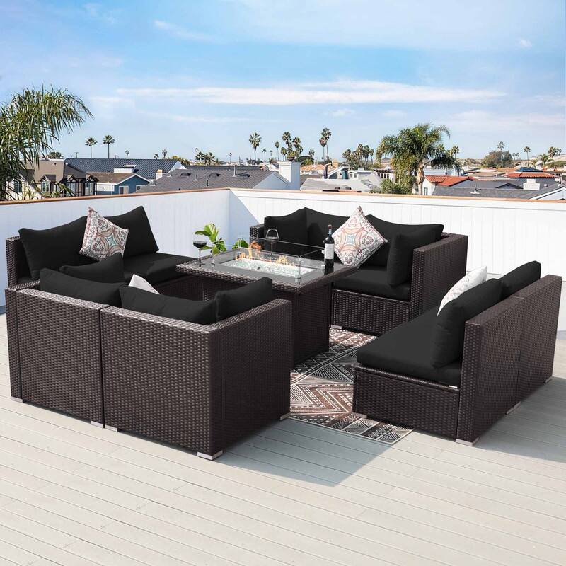 9-Piece Outdoor Brown Wicker Sectional Patio Conversation Set with 43″ Fire Pit Table, Cushion - Black