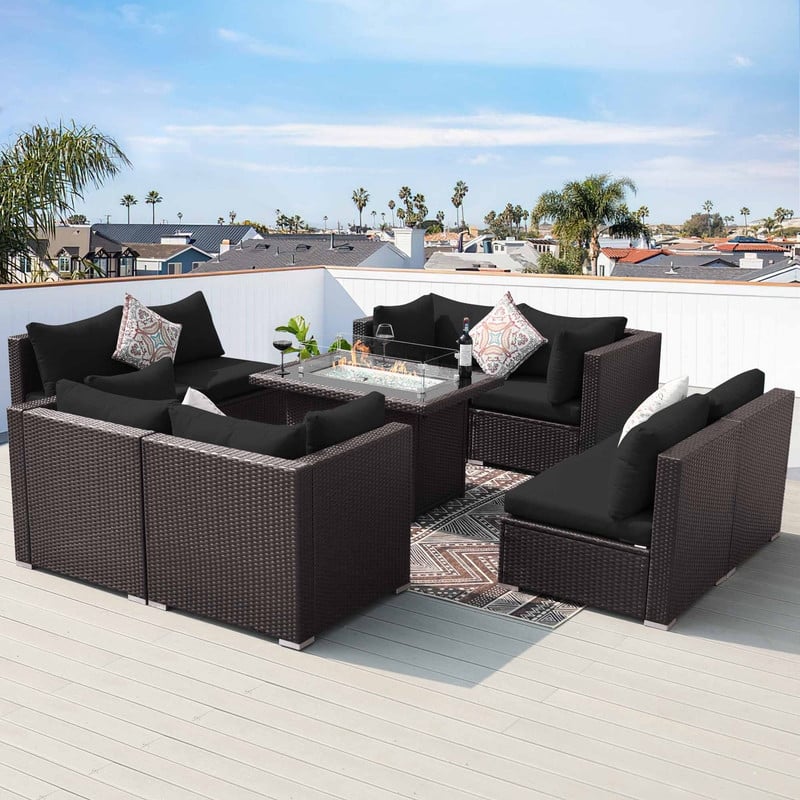 9-Piece Outdoor Brown Wicker Sectional Patio Conversation Set with 43″ Fire Pit Table, Cushion