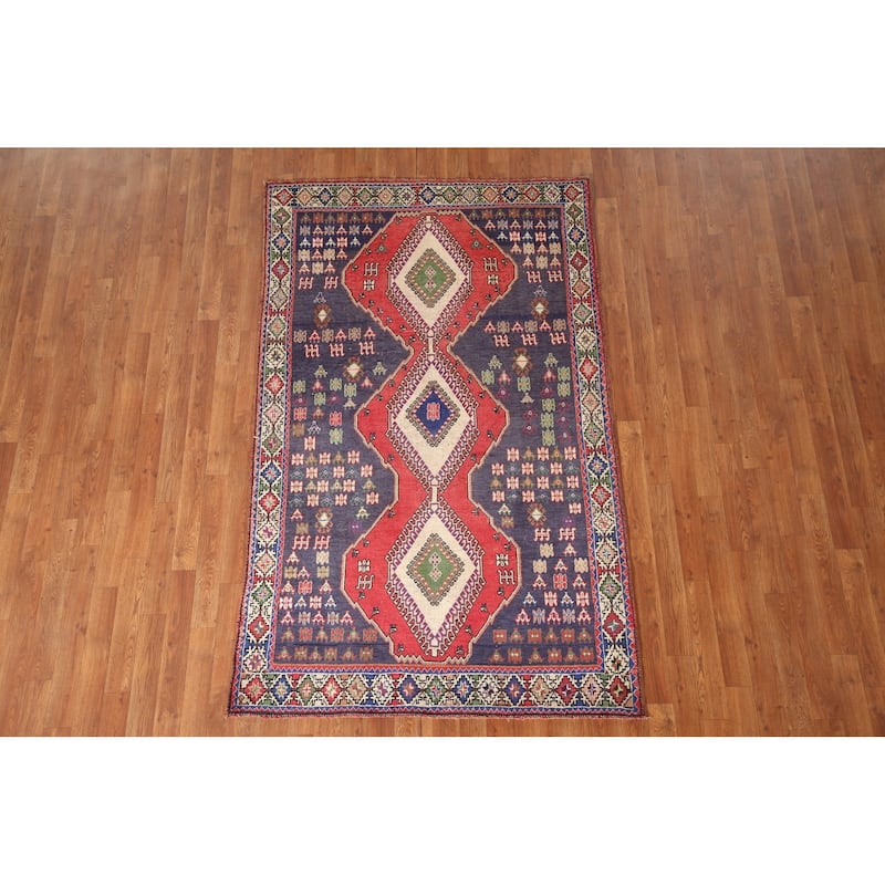 Navy Geometric Yalameh Persian Vintage Rug Hand-knotted Wool Carpet - 4'3"x 7'1"