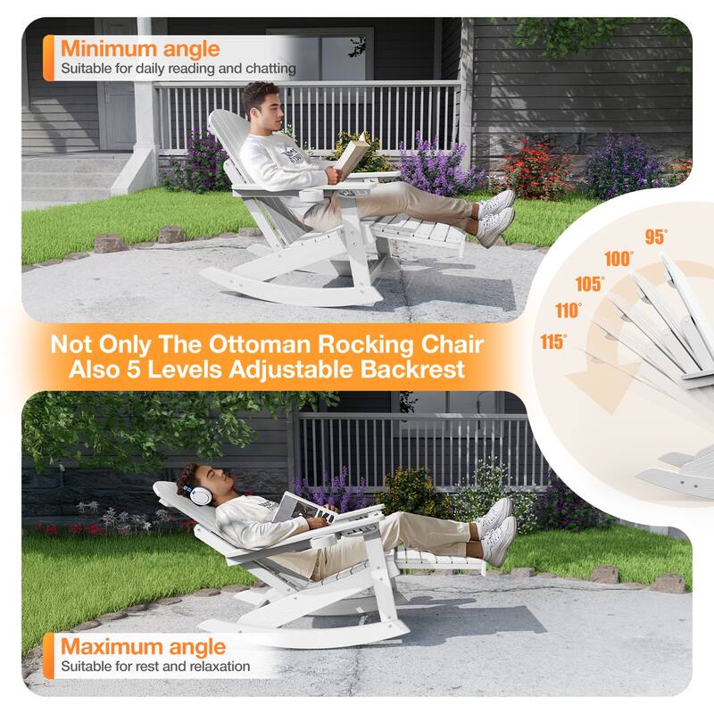 WINSOON HIPS All Weather Rocking Adirondack Chair with Adjustable Backrest and Retractable Ottoman