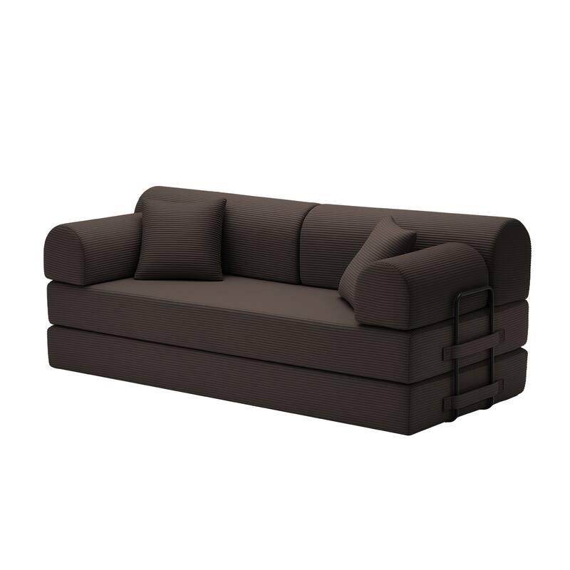 Convertible Sleeper Sofa Bed with Cylindrical Pillow, Corduroy Folding Mattress Couch with Fixed-Shape Frame for Bedroom
