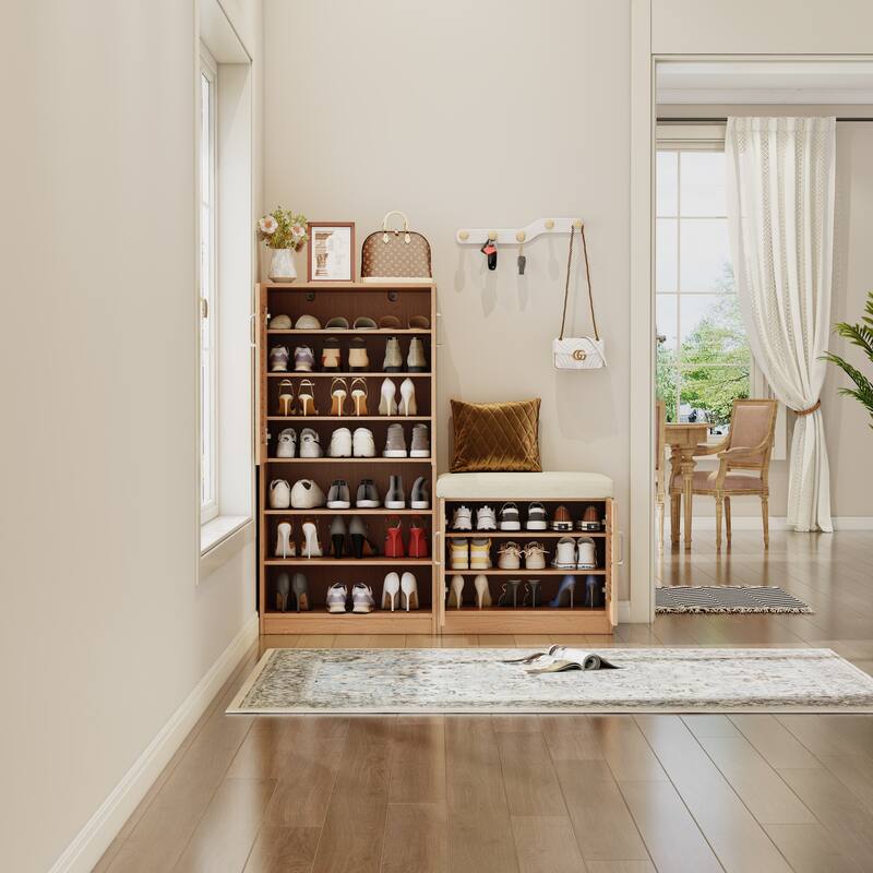 Shoe Storage Cabinet with Shutter Door, Wood Shoe Cabinet with Shoe Storage Bench, Multi Functional Shoe Rack for Entryway