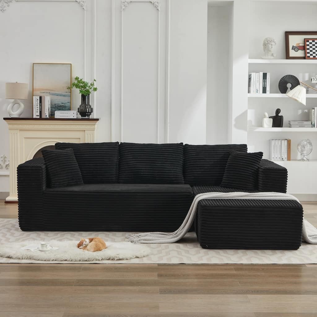 Modular Sectional Sofa with L-Shape Chaise, Oversized Corduroy Upholstered Cloud Sofa, Deep Seat Sofa with 2 Throw Pillows
