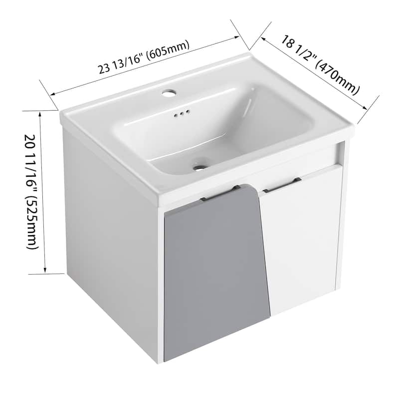 24 inch Wall-Mounted Bathroom Vanity Set in White with Integrated Ceramic Sink