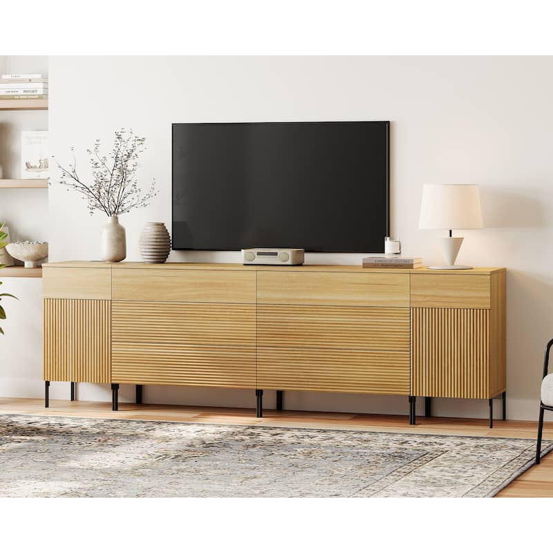 94.5" Long Modern Reeded Dresser TV Stand With Drawers, Entertainment Center With Charging Station