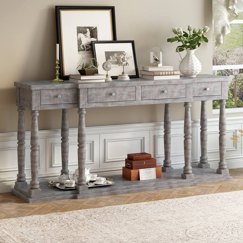 Retro Senior Console Table for Hallway Living Room Bedroom with 4 Front Facing Storage Drawers and 1 Shelf