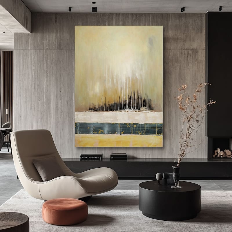 Golden Horizon Hand Painted Abstract Oil Canvas Wall Art 31x47 Inches