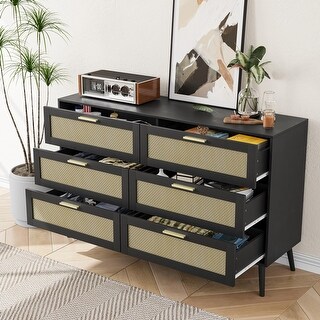 Rattan 6-Drawer Dresser with Gold Handles, Modern Storage Cabinet, Black -  Bed Bath & Beyond - 41293608