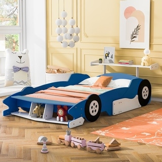 Full Size Solid Wood Race Car-Shaped Platform Bed with Headboard, Wheels and Storage Rack