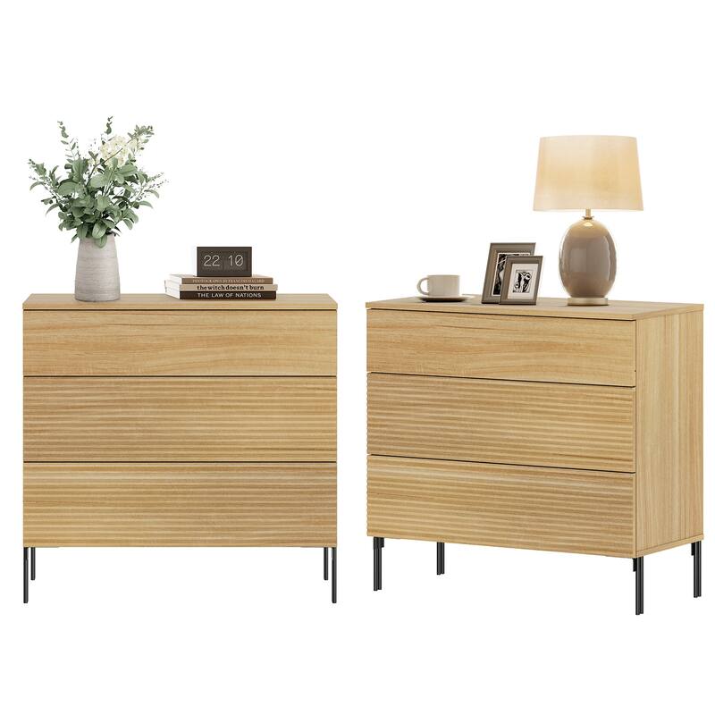 Modern Minimalist Wood Nightstand With 3 Drawers ,31.5" End Table,Reeded Design Bedside Table - Oak - 6-drawer