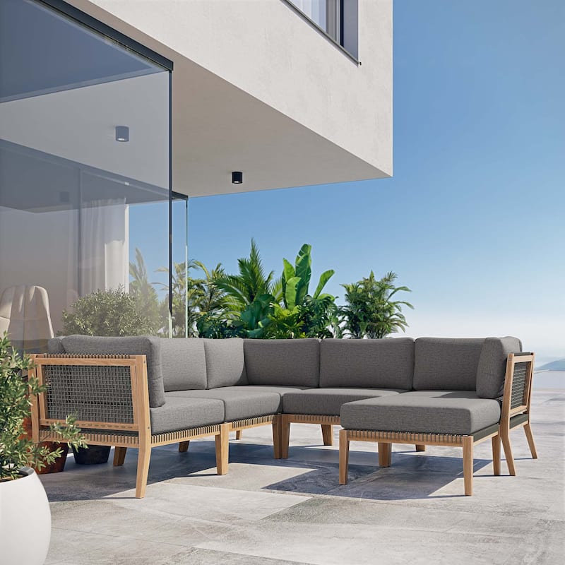 Clearwater Outdoor Patio Teak Wood 6-Piece Sectional Sofa - Gray Graphite