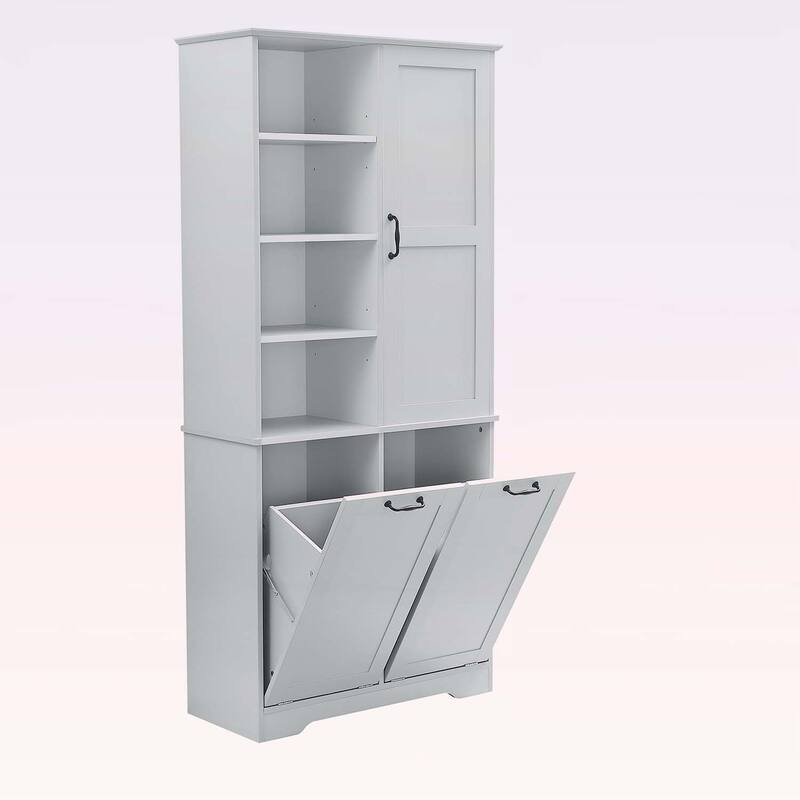 Bathroom Storage Cabinet with Doors, Drawers, Tilt-Out Laundry Hamper, and Adjustable Shelves, Oak Finish