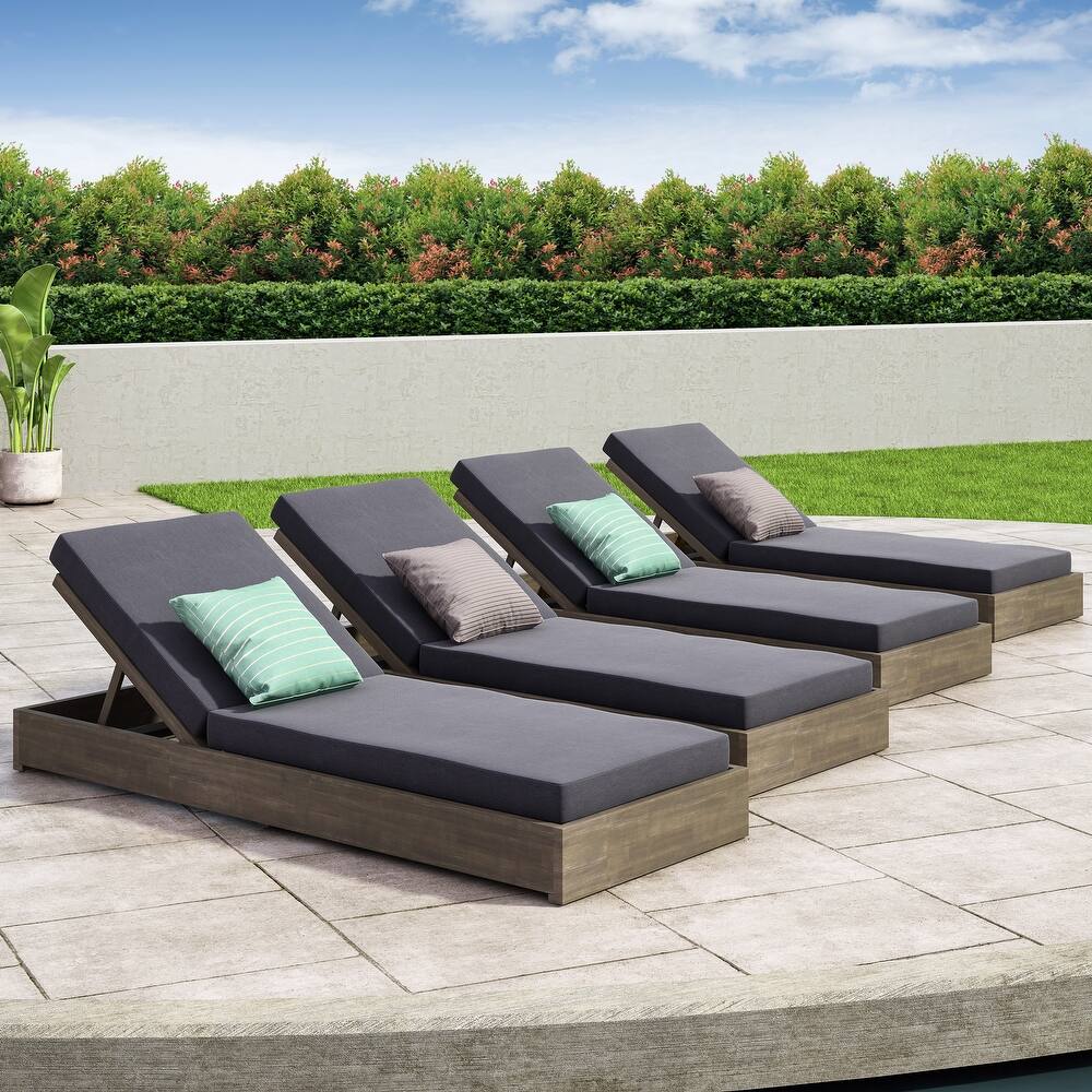 Ian Outdoor Acacia Wood Chaise Lounge with Cushion (Set of 4) by Christopher Knight Home
