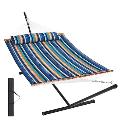 Blue Cyan Stripe Cotton Polyester Hammock with T-Stand and Wood Bar - 55.1” L x 74.8” H