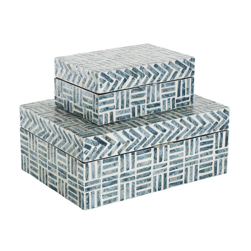 Mother of Pearl Shell Geometric Handmade Mosaic Storage Decorative Box with Cream Underlay - Set of 2 Blue - Roche River Decor - Blue