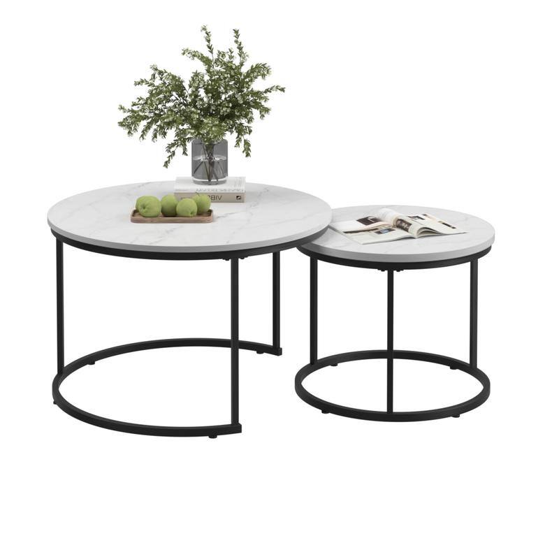 Round Nesting Coffee Table Set of 2 with Marble Pattern Top & Metal Frame