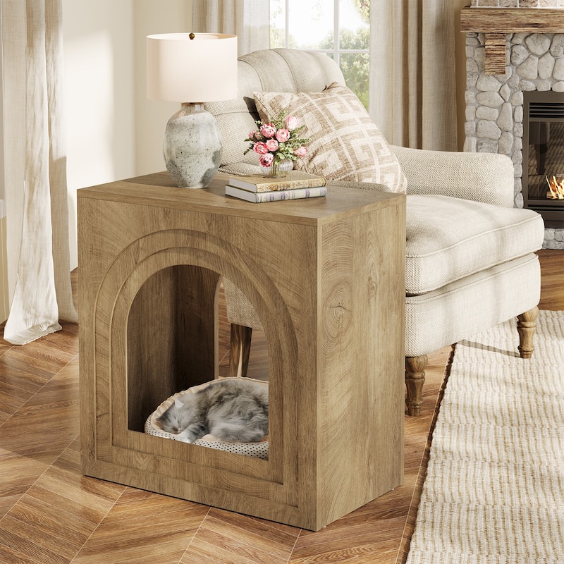 Square End Table, 2-Tier Accent Side Table with Open Shelf, Arched Nightstand for Living Room, Bedroom