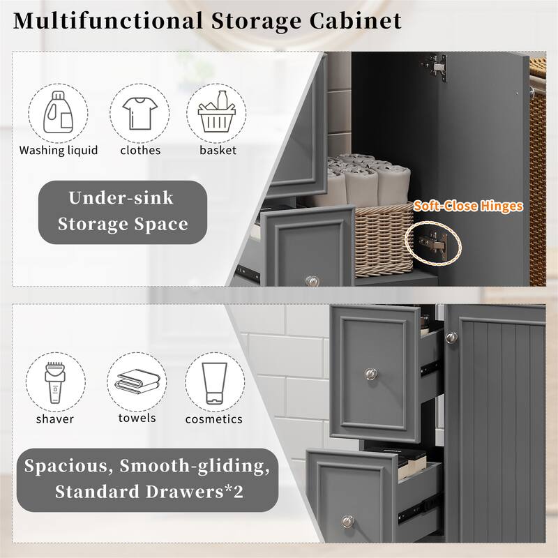 24" Bathroom Vanity with Ceramic Sink, Two Drawers, Soft-Close Door