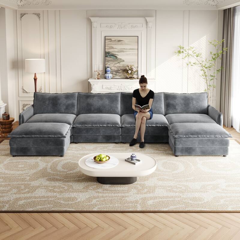 Oversized U-shape Upholstered Couch Deep Seat Sleeper Sectional Sofa with 2 Ottomans