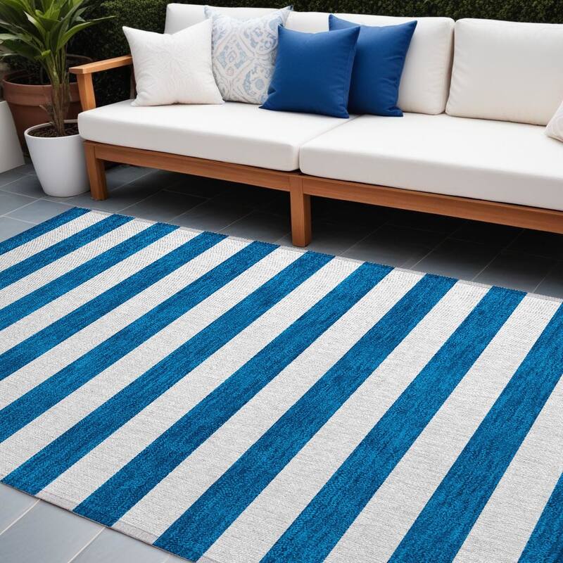 Rana Stripe Weather Resistant Blended Style Outdoor Rug - 10' X 14' - Blue