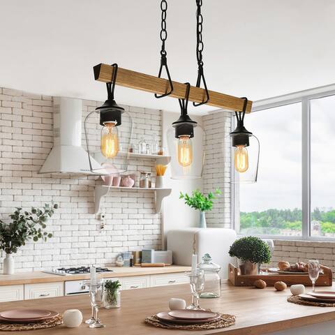 Farmhouse Rustic 3-light Linear Chandelier Clear Glass Island Lights for Dining Room - Clear Glass