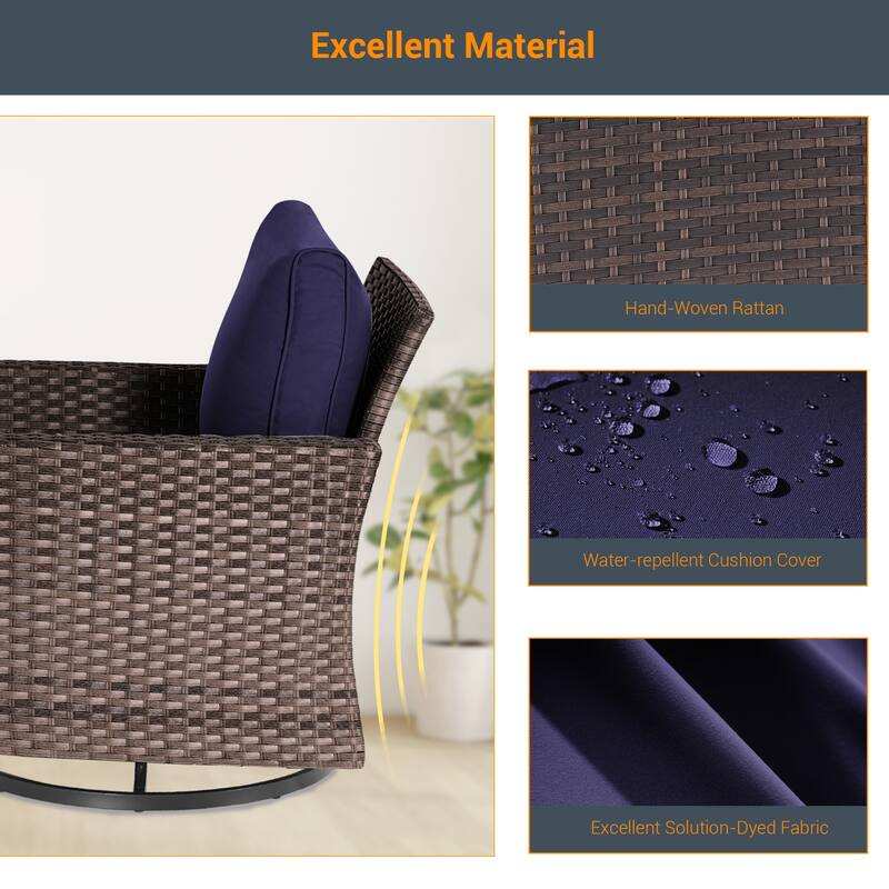 LIVOOSUN 3-Piece Patio Sofa Set Brown Rattan Swivel Rocking Chair Glass Table