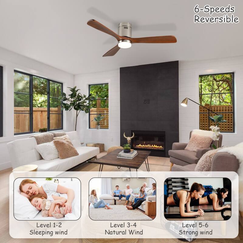 52 Inch Ceiling Fan with Light,3 Light Walnut Solid Wood Blades,Remote Control,6-speed Reversible DC Motor
