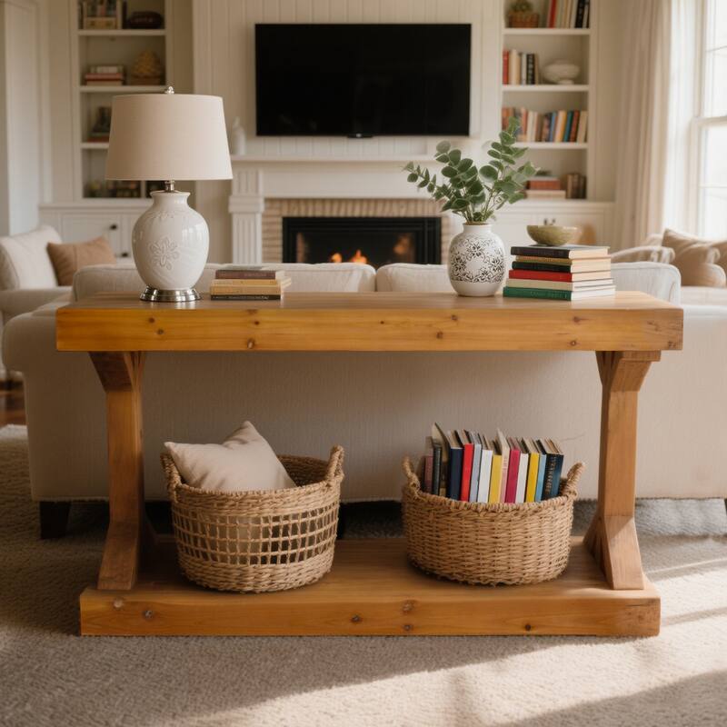 Solid Wood Console Table With Storage Shelf Farmhouse Wooden Entryway Sofa Table Behind Couch