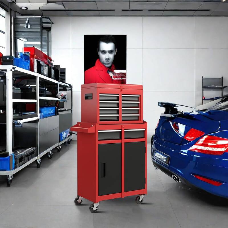 Modern and convenient work supply tool cabinet set with handles, drawers and cabinets, metal frame for garage workshop - Red