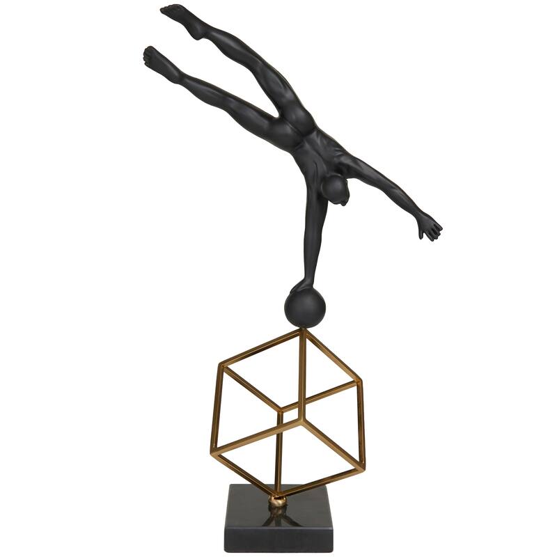 Black Marble Gymnast Decorative Sculpture with Gold Cube Base