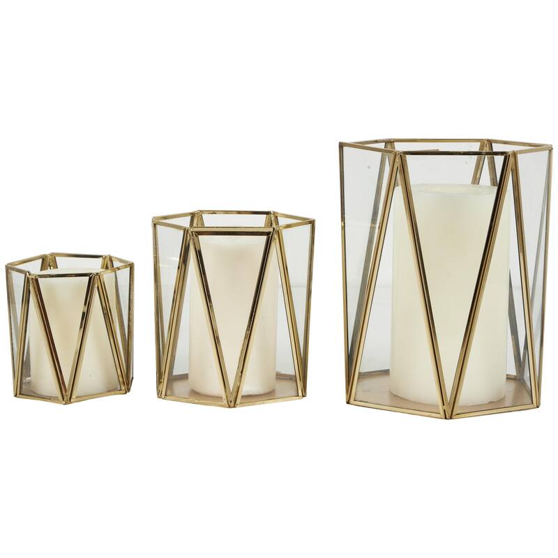 Metal Geometric Triangle Patterned Hexagon Indoor Outdoor Candle Lantern - Set of 3 Gold - CosmoLiving by Cosmopolitan - Gold