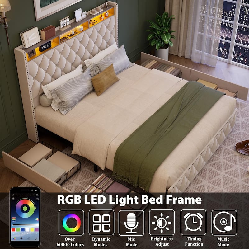 Velvet Upholstered Bed Frame with 50.8" Tall Headboard, USB Charging Station, Led Lights