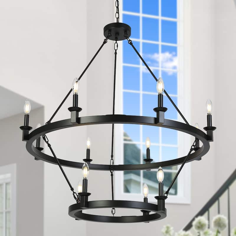 Modern Farmhouse 39.4" W Black 12-Light 2-Tier Wagon Wheel Chandelier - D 39.4" x H 41.3"