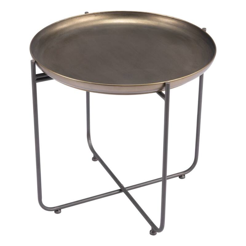 Compact 21-inch Round Steel End Table with Stylish Bronze Top and Grey Cross Frame Base - 21.3”H x 23”W x 23”L