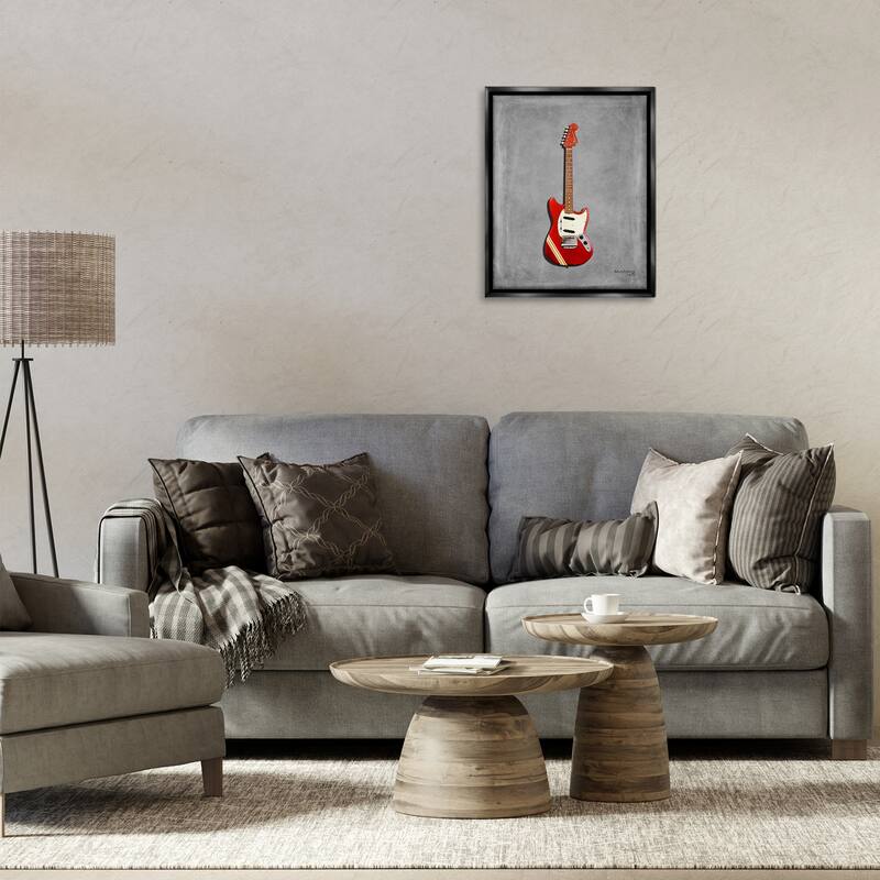 Stupell Red Guitar on Grey Framed Floater Canvas Wall Art Design By Mark Rogan