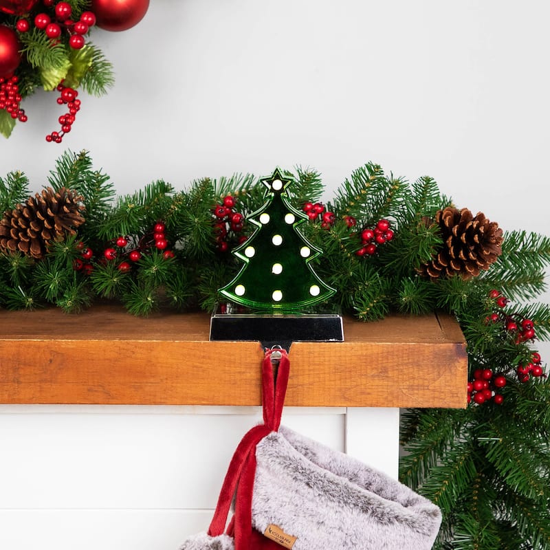 LED Lighted Shiny Christmas Tree Stocking Holder - 7" - Silver and Green