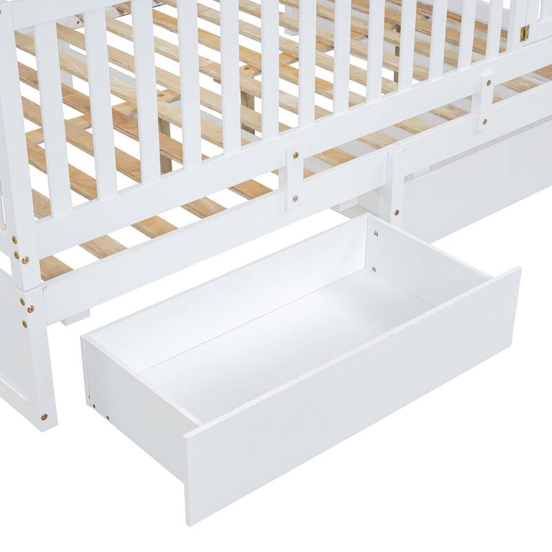 Full Size Wood Daybed with Fence Guardrails and 2 Drawers, Convertible to Floor Bed & Daybed, White
