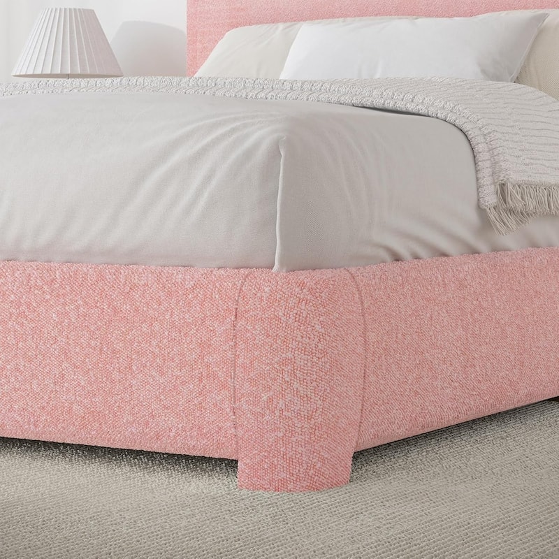 Pink Twin Size Upholstered Platform Bed Frame with Soft Boucle Fabric Headboard, Modern Minimalist Design, No Box Spring Needed