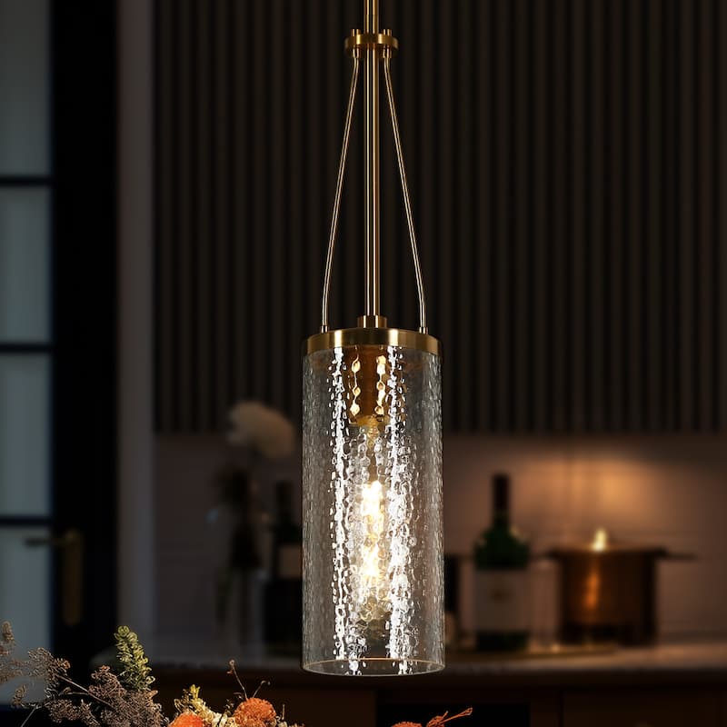 Modern 1-Light Cylinder Gold Pendant Lights Hammered Glass Island Lighting - D 4.3" x H 83.3" Max