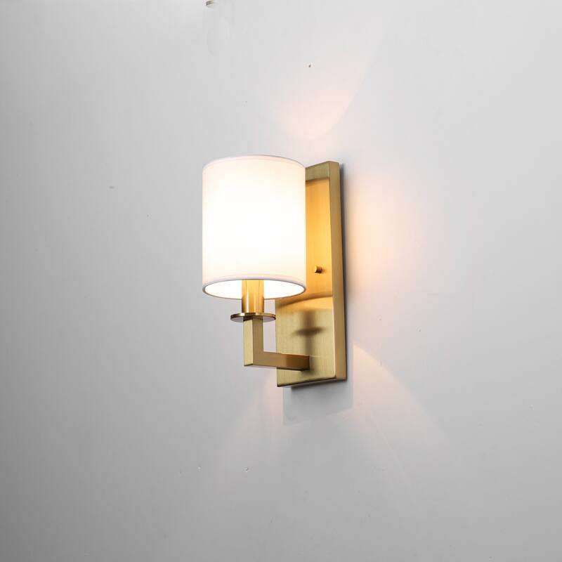 1-Light 5.5" W Modern Gold Cylinder Metal Flush Mount Wall Sconce with White Fabric Shade - 5.5 in. W x 12 in. H x 7.3 in. D - Gold/White - 5.5 in. W x 12 in. H x 7.3 in. D