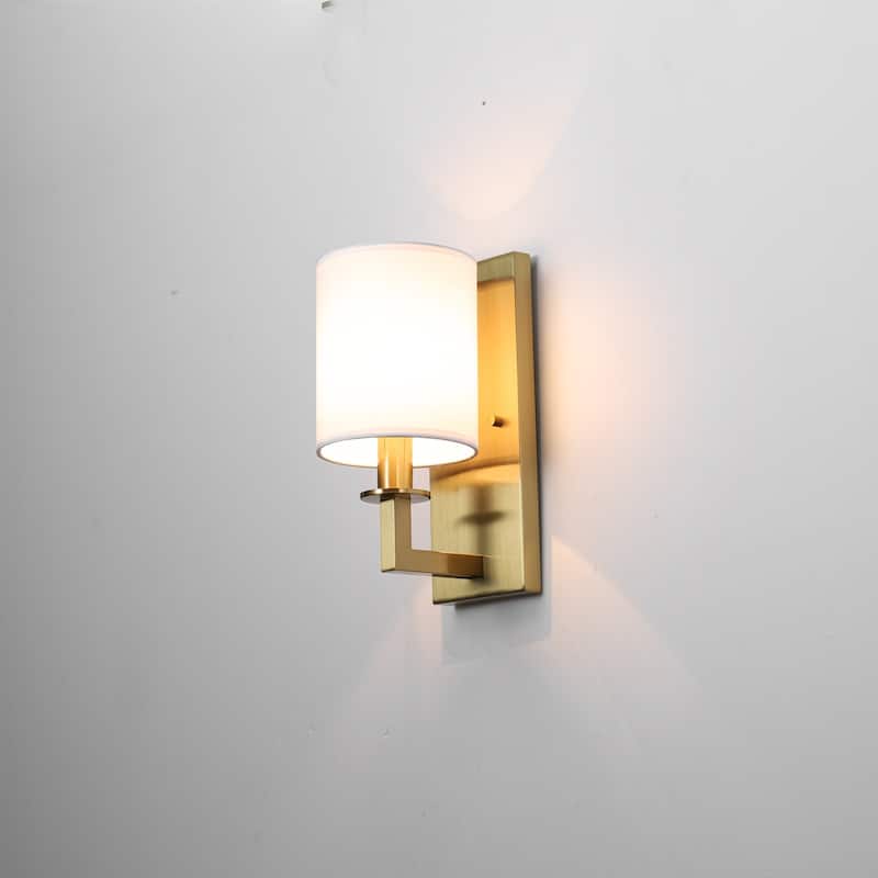 1-Light 5.5" W Modern Gold Cylinder Metal Flush Mount Wall Sconce with White Fabric Shade - 5.5 in. W x 12 in. H x 7.3 in. D