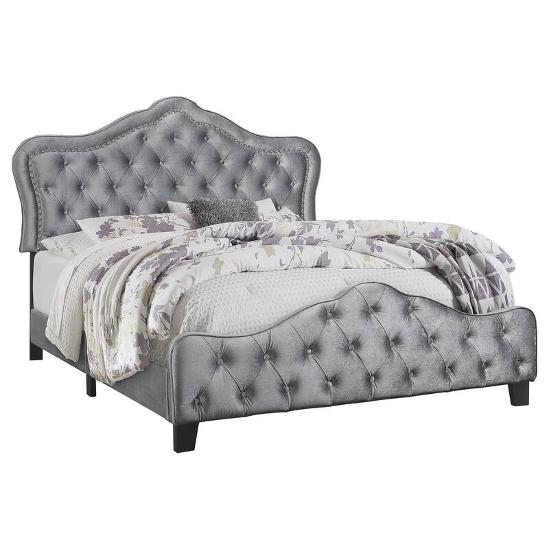 Grey Upholstered Panel Bed with Bell Style Headboard, Button Tufting, and Nailhead Trim for Elegant Bedroom