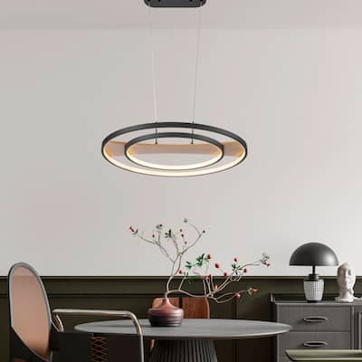 Satin Black & Wood Chandelier - N/A