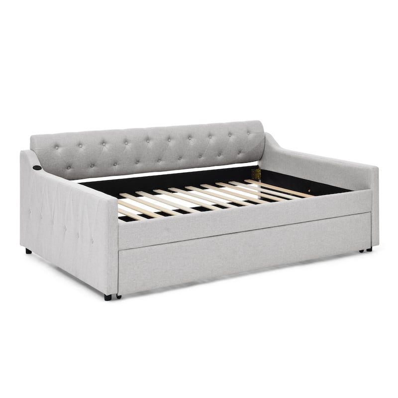 Upholstery Daybed with Twin Size Erectable Trundle and USB Charging Design