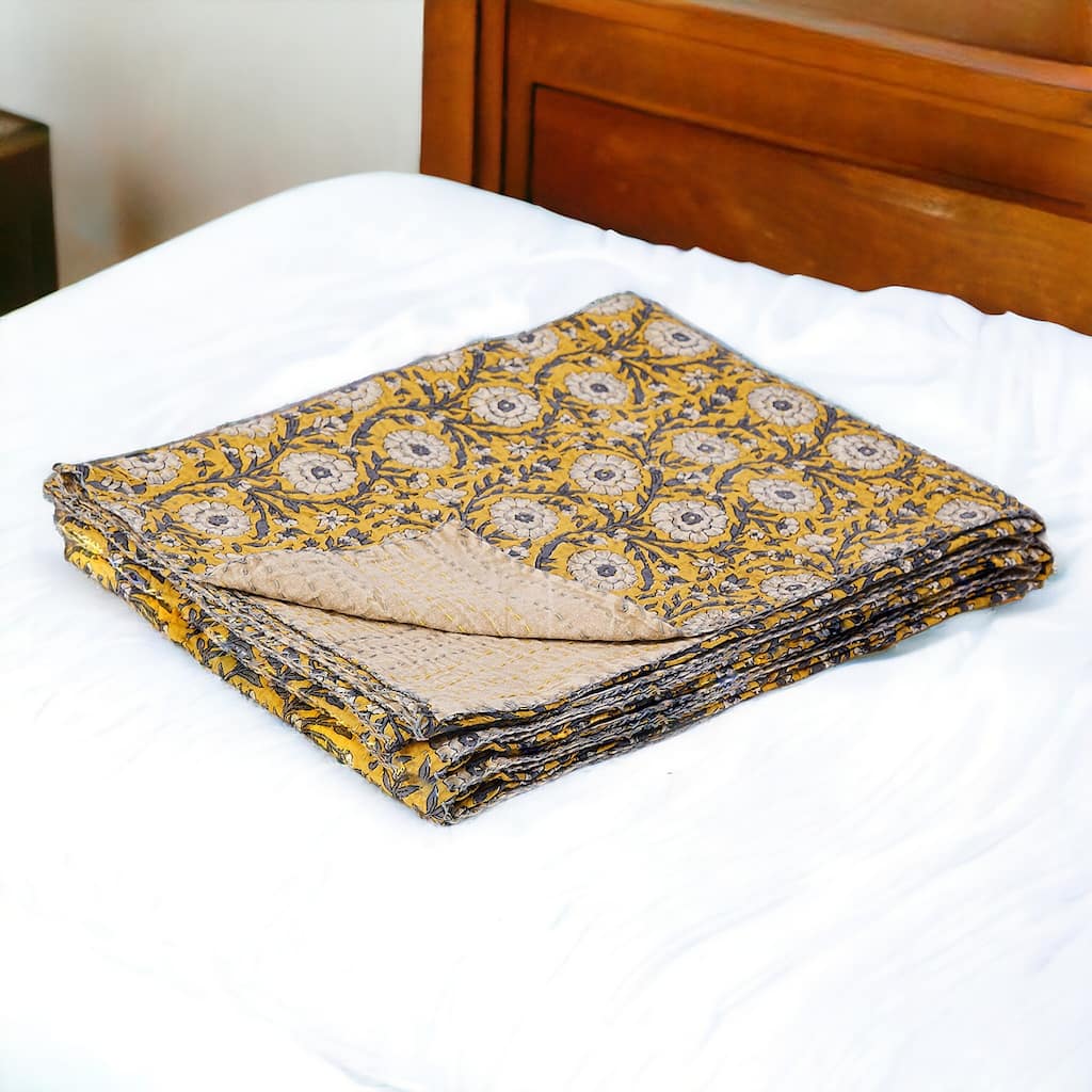 HomeRoots 50" X 70" Yellow and Gray Kantha Cotton Floral Throw Blanket