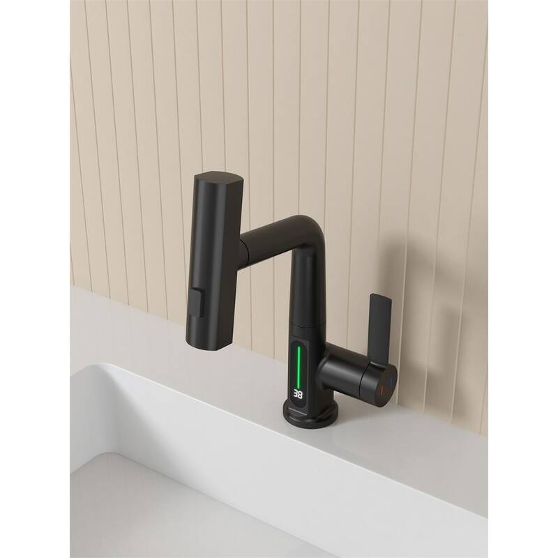Pull Out Lift Bathroom Sink Faucet with LED Temperature Digital Display and 3 Water Spray Modes, Corrosion Resistant